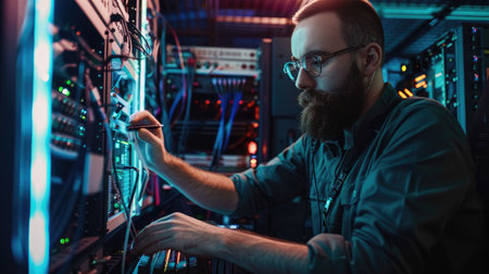 Serious bearded man working in network server room. He is looking at the camera.の素材