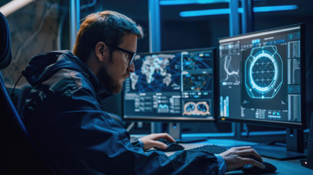 Side view of male hacker using computer in dark room. Cyber security conceptの素材