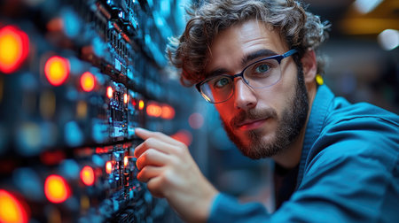 Portrait of a young technician working on a server in a data centerの素材