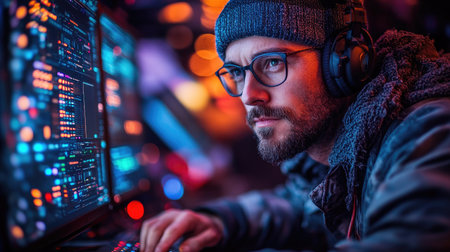 Portrait of a computer hacker in a hat and glasses on the background of a computer monitor with code.の素材