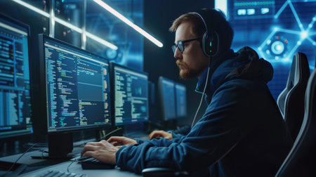 Serious male programmer in headphones working on computer at night in dark officeの素材