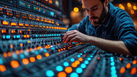 Professional sound engineer working on mixing console in recording studio, close upの素材