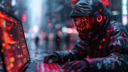 Hacker in a mask with a computer on the background of night cityの素材