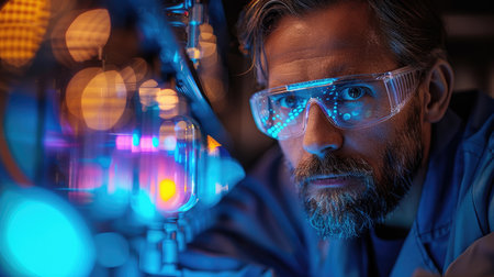 Portrait of a mature man working in the factory. He is wearing safety goggles.の素材