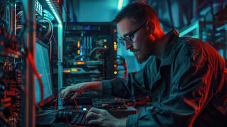 Portrait of a red-bearded technician working in the server roomの素材