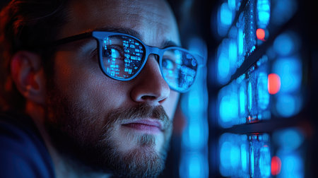Portrait of a man with glasses in front of led screens.の素材