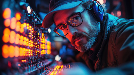 Portrait of a brutal man in a cap and glasses working on the control panel.の素材