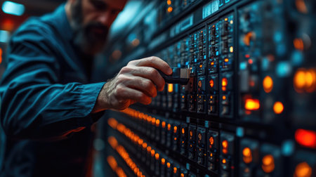 Close-up of a technician working in a datacenter.の素材