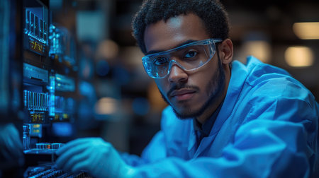 Portrait of african american scientist working on computer in labの素材