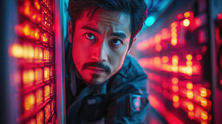 Portrait of a man in a server room with red lights.の素材
