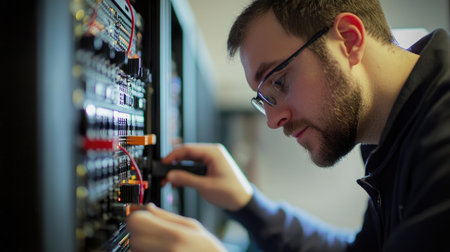 Programmer working on a program in a server room, close-upの素材