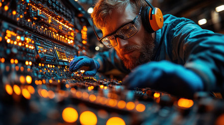 Portrait of a Caucasian male engineer working on a computer in an industrial environment.の素材