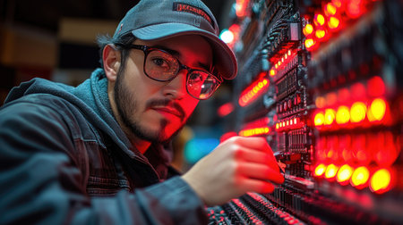 Portrait of a young man working in a computer server room.の素材