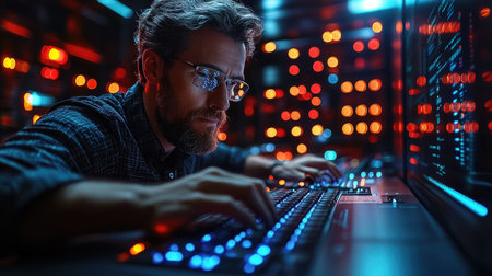 Handsome hacker in eyeglasses typing on keyboard in dark roomの素材