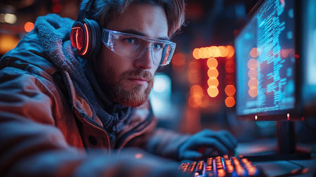 Portrait of a young man in headphones and glasses working on computer at nightの素材
