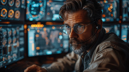 Portrait of mature male pilot working on computer in server room.の素材