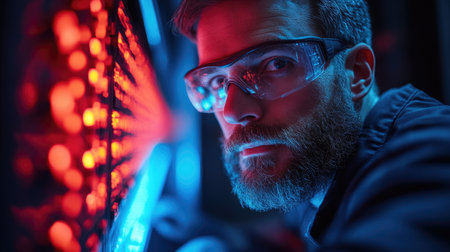 Portrait of a bearded hacker in protective glasses and a hoodie. Cybercrime concept.の素材