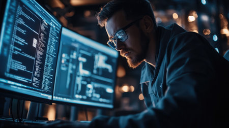 Serious bearded hacker in eyeglasses working on computer at nightの素材