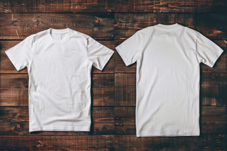 White t-shirt on a wooden background. T-shirt template.の素材