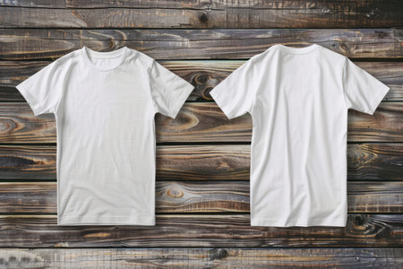 White t-shirts on a wooden background. Mockup for designの素材