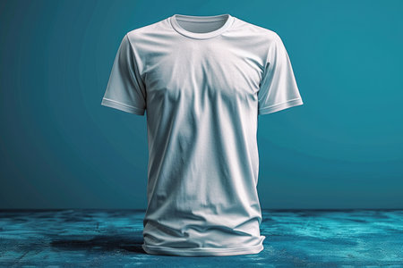 White t-shirt mockup on blue background. 3D renderingの素材