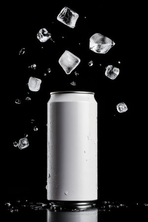 Aluminum can with ice cubes on a black background. Copy space.の素材