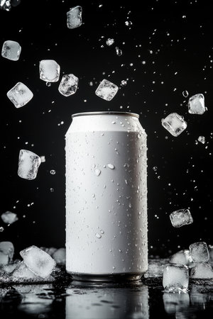 Aluminum can with falling ice cubes on black background. Copy space.の素材