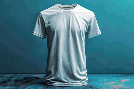 White t-shirt mockup on blue background. 3d renderingの素材