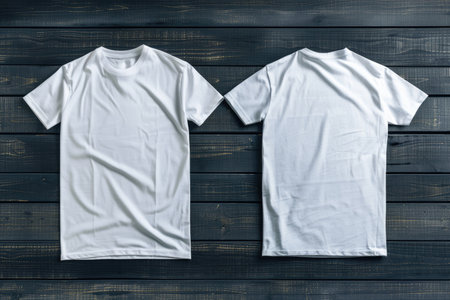 White t-shirt on a dark wooden background. T-shirt template.の素材