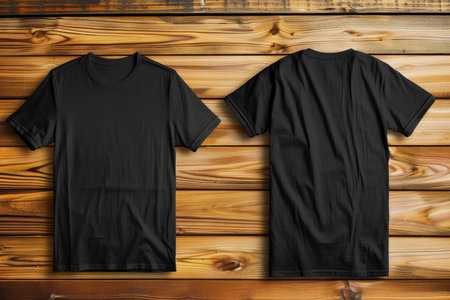 A black t-shirt is shown from the front and back against a rustic wooden backdrop, ideal for apparel design mockups.の素材
