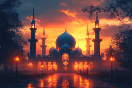 Mosque in the fog at sunset, Ramadan Kareem background.の素材