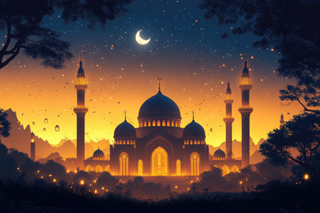 Mosque in the night. Ramadan Kareem greeting card. Vector illustrationの素材