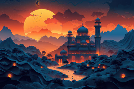 Fantasy landscape with mosque, moon and clouds. Vector illustration.の素材
