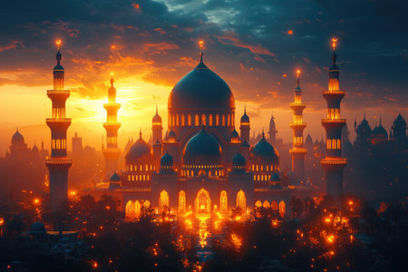 Mosque in the city at sunset. Ramadan Kareem background.の素材