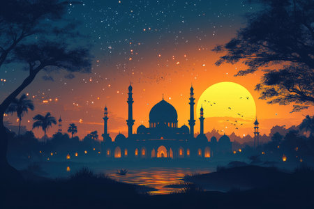 Illustration of Ramadan Kareem background with mosque and moon in the skyの素材