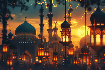 ramadan mubarak greeting with a mosque, lanterns and lighting, in the style of light yellow and dark navy, synthetism-inspired, no text, rtx on, expansive, bold lines, vibrant color, innovative page design, high resolution. --ar 3:2 --stylize 250 --v 6 Job ID: ac65f69d-0678-4389-9ddd-4d03d8db58f1の素材