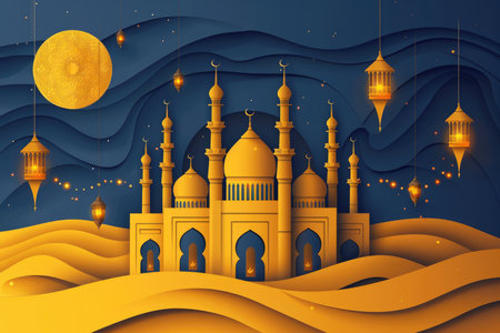 ramadan mubarak greeting with a mosque, lanterns and lighting, in the style of light yellow and dark navy, synthetism-inspired, no text, rtx on, expansive, bold lines, vibrant color, innovative page design, high resolution. --ar 3:2 --stylize 250 --v 6 Job ID: a1604afe-7c91-4bc6-b5c3-a28ca74a91bfの素材