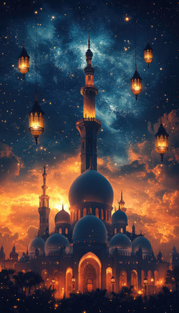 ramadan mubarak greeting with a mosque, lanterns and lighting, in the style of light yellow and dark navy, synthetism-inspired, no text, rtx on, expansive, bold lines, vibrant color, innovative page design, high resolution. --ar 4:7 --stylize 750 --v 6.1 Job ID: ac865c6c-676f-4502-972e-4ec44e5c685dの素材