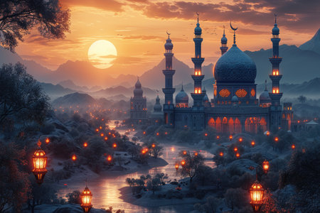 ramadan mubarak greeting with a mosque, lanterns and lighting, in the style of light yellow and dark navy, synthetism-inspired, no text, rtx on, expansive, bold lines, vibrant color, innovative page design, high resolution. --ar 3:2 --stylize 750 --v 6 Job ID: a773f13a-b848-41f1-8150-ac4258c1a637の素材