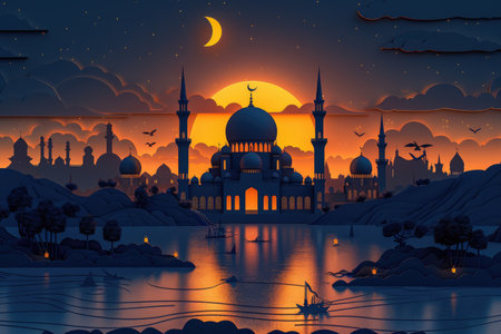 Illustration of mosque on the lake at night. Ramadan Kareem backgroundの素材
