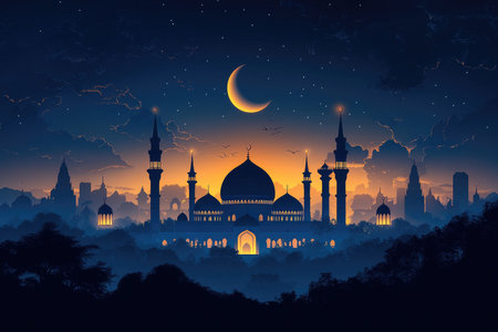 Ramadan Kareem background with mosque and moon. Vector illustration.の素材