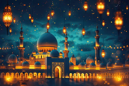 Illustration of Ramadan Kareem greeting card with mosque and lanternsの素材