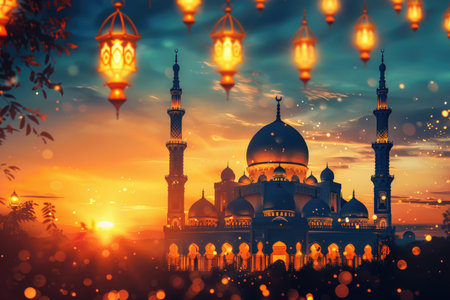 Mosque at sunset with lanterns. Ramadan Kareem background.の素材