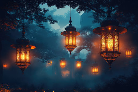 Lanterns in the forest at night. Ramadan Kareem backgroundの素材