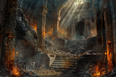 Ruins of ancient Hindu temple in the mist. Halloween concept.の素材