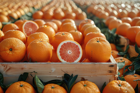 Fresh oranges in a wooden box on the background of the orange fieldの素材