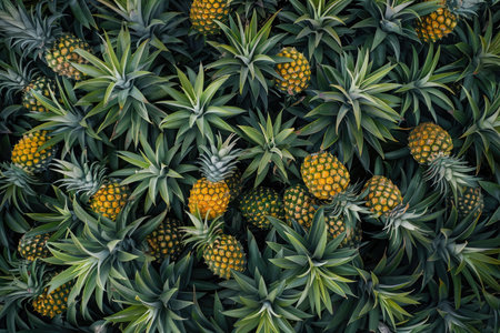 Pineapples growing in the garden. Tropical fruit background.の素材