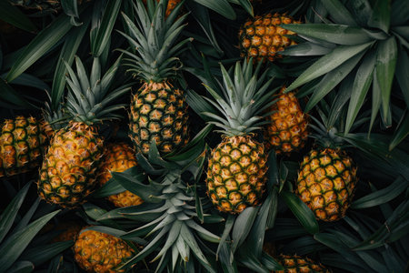 Pineapple fruit in the garden. Tropical fruit. Pineapple background.の素材