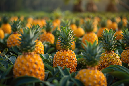 Pineapple field in the morning. Close-up of fresh ripe pineapple.の素材