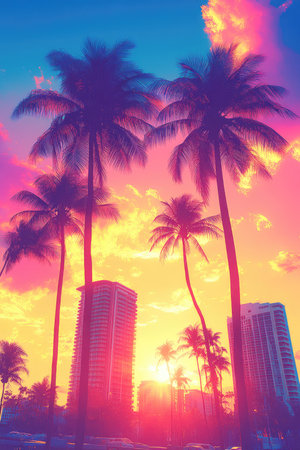 Palm trees and skyscrapers on the background of sunset.の素材